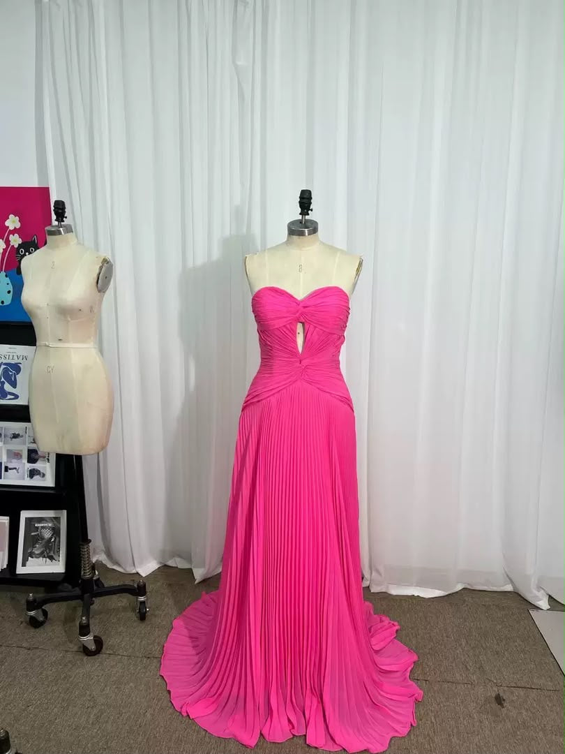 Hot Pink Strapless Cutout Pleated Maxi Dress