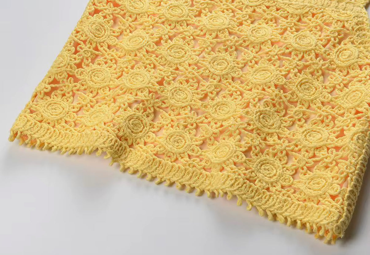 Golden Yellow Crochet Crop & Midi Skirt Set