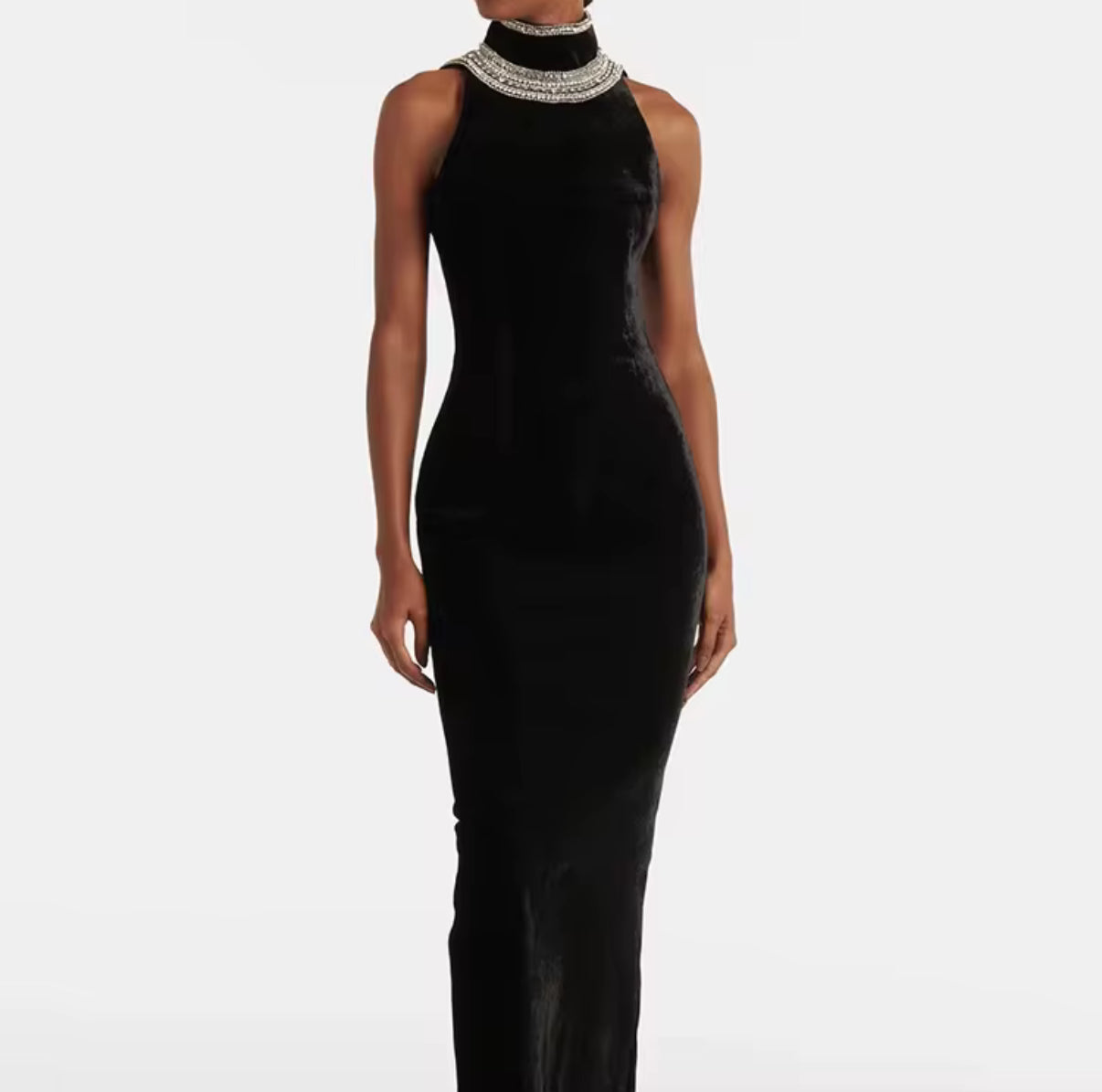Black Velvet Halter Maxi Dress with Embellished Collar