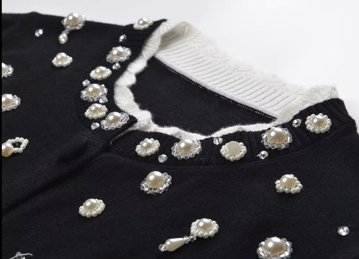 Pearl Embellished Contrast Knit Cardigan