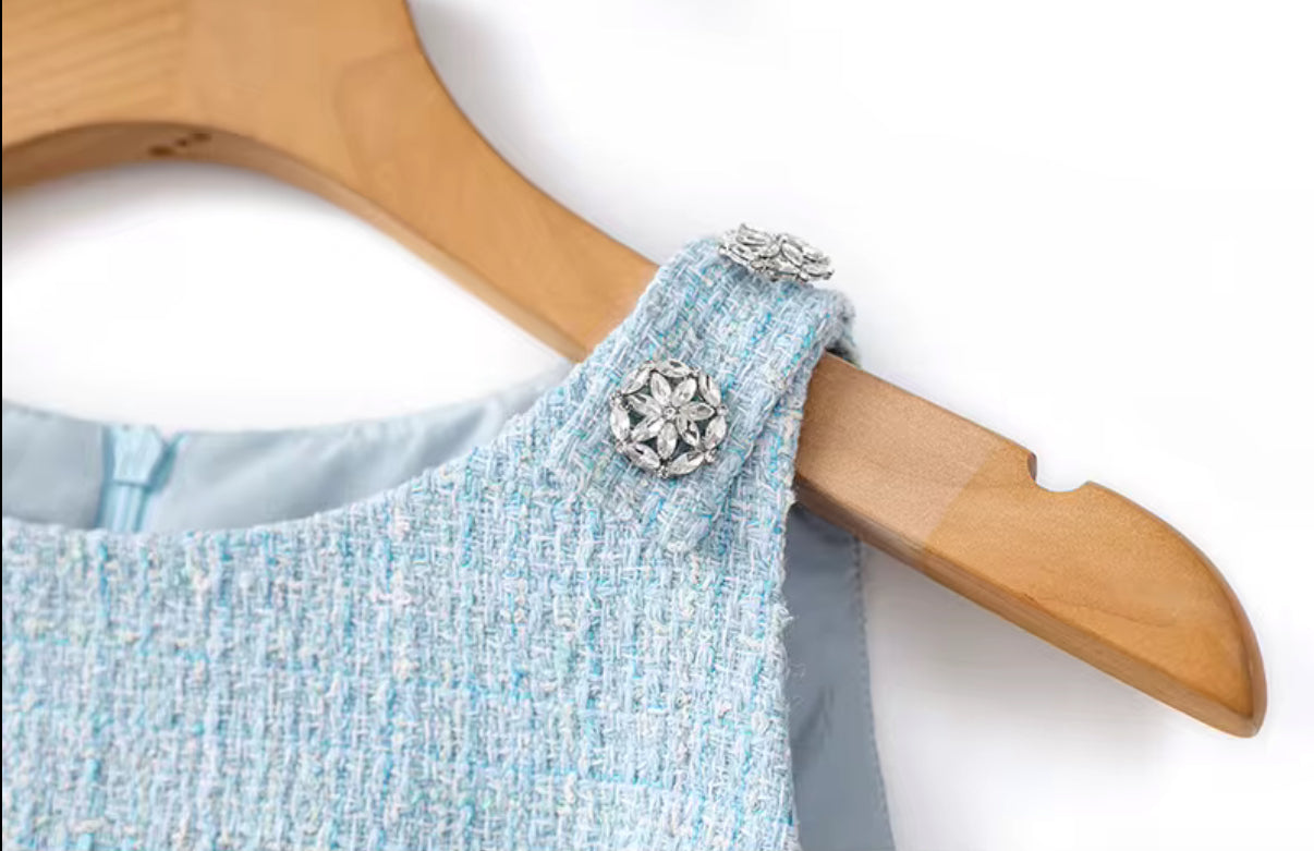 Baby blue tweed mini dress with crystal buttons