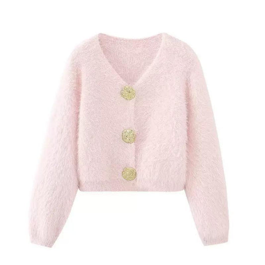 Fuzzy Button Cardigan with Gold Details