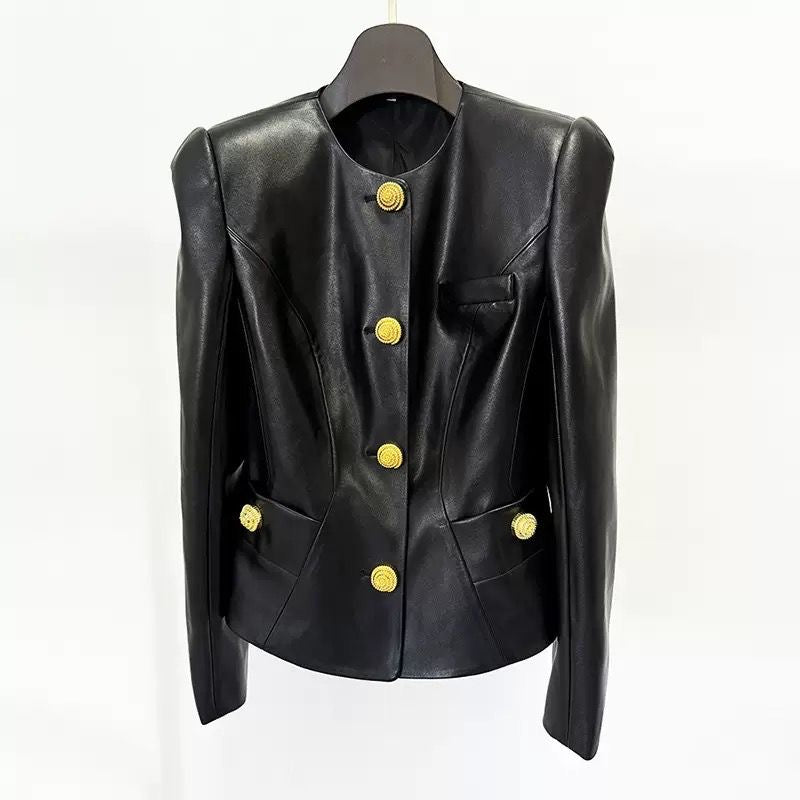 Sculpted Luxe Leather Blazer with Gold Medallion Buttons