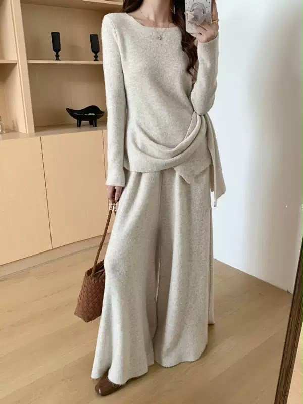 Draped Knit Top & Wide-Leg Pants Set