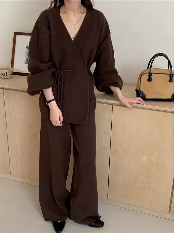 Wrap Knit Cardigan & Wide-Leg Pants Set