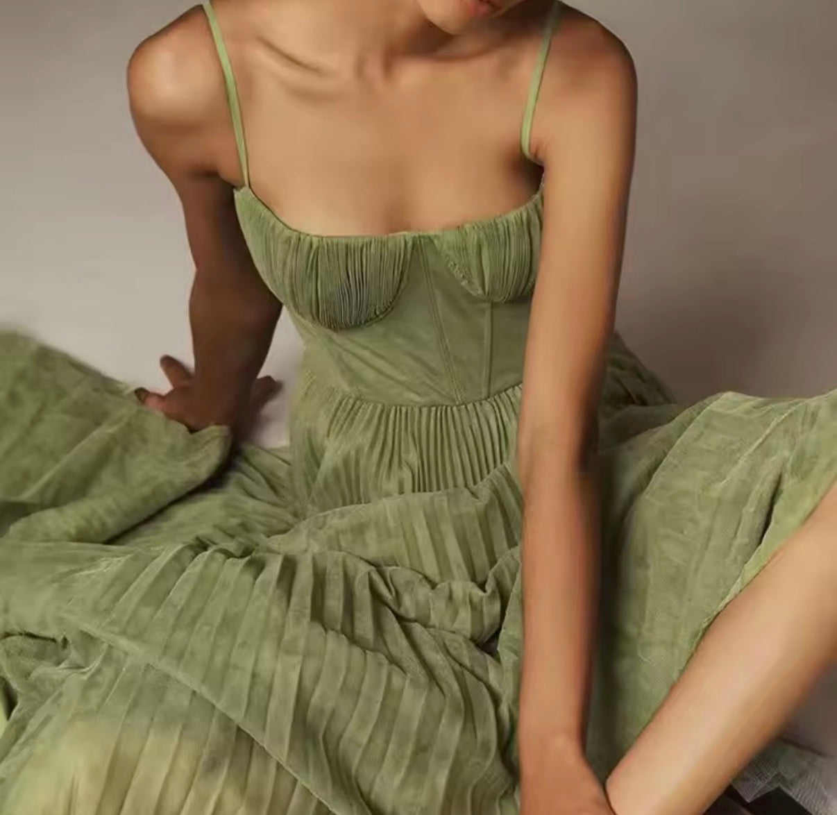 Olive Pleated Corset Maxi Dress