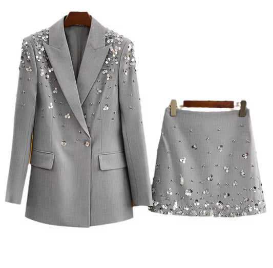 Gray Embellished Blazer & Mini Skirt Set