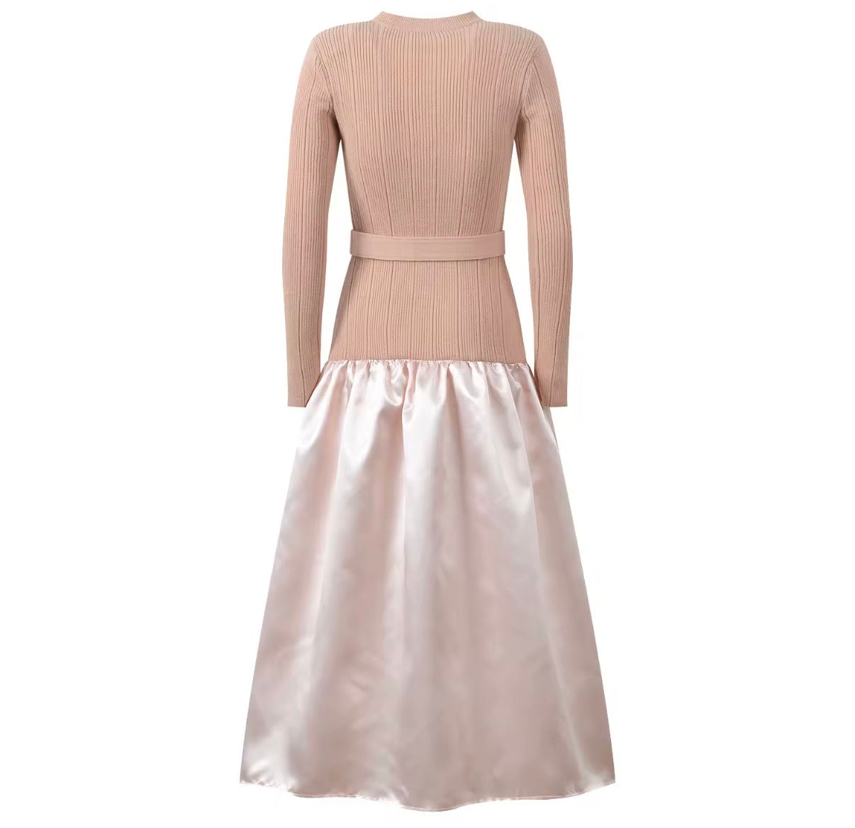 Belted Ribbed Knit & Satin Drop-Waist Midi Dress
