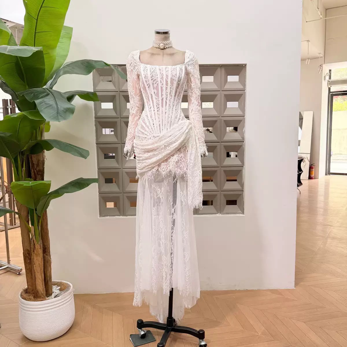 Square-Neck Lace Corset Maxi Dress
