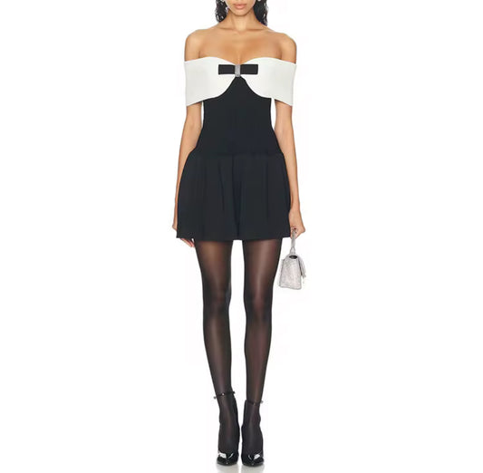 Black & White Off-Shoulder Mini Dress with Bow Detail