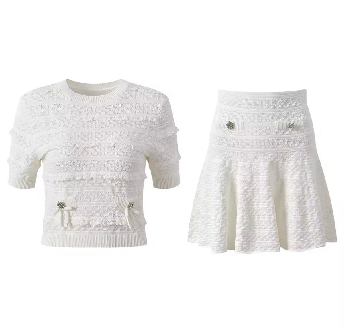Lace Knit Bow-Detail Top & Flared Mini Skirt Set