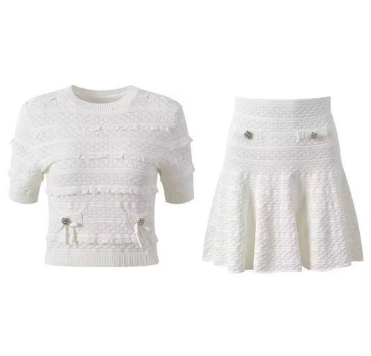 Lace Knit Bow-Detail Top & Flared Mini Skirt Set