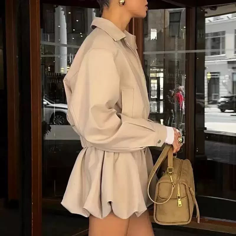 Beige Cropped Zip Jacket & Balloon Shorts Set