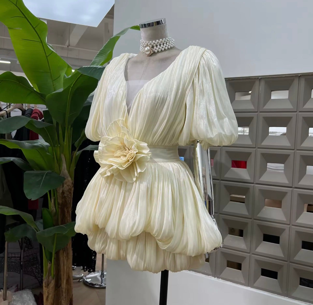 Pleated Puff Sleeve Floral Detail Mini Dress