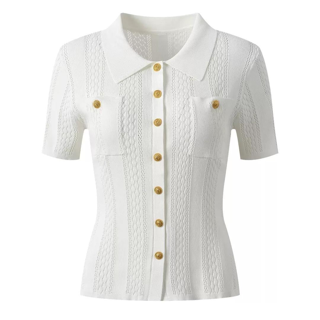 Chic Buttoned Knit Polo Top