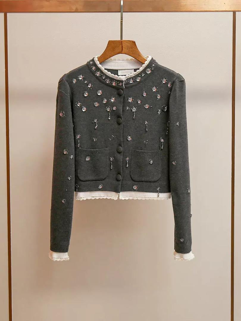 Embellished Wool Cardigan with Crystal Floral Details and Lace Trim