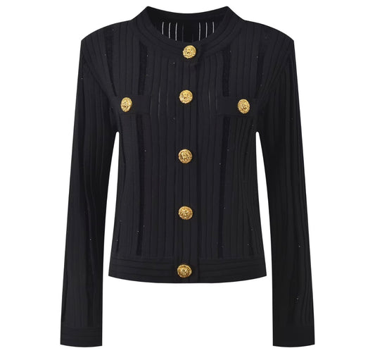 Gold Button Ribbed Knit Cardigan