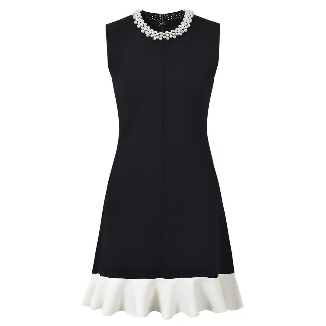 Sleeveless Black Mini Dress with White Ruffle Hem