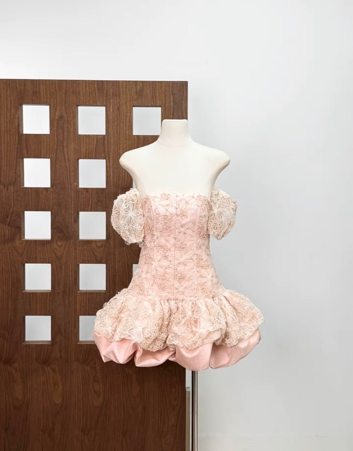 Off-Shoulder Lace Corset Bubble Mini Dress with Puff Sleeves