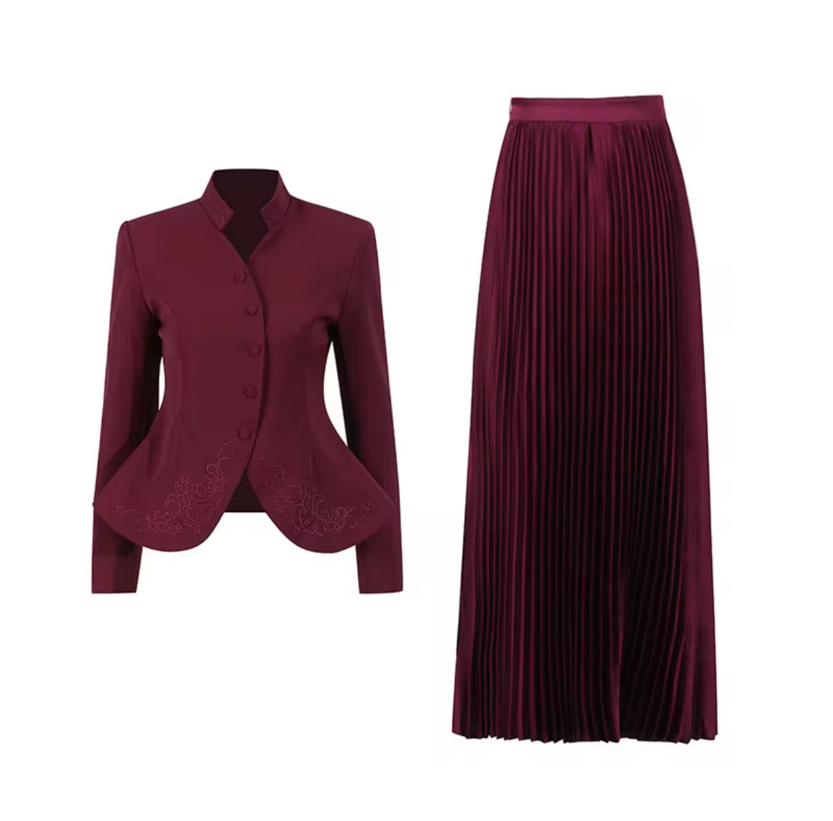 tailored blazer with flowing pleated maxi skirt