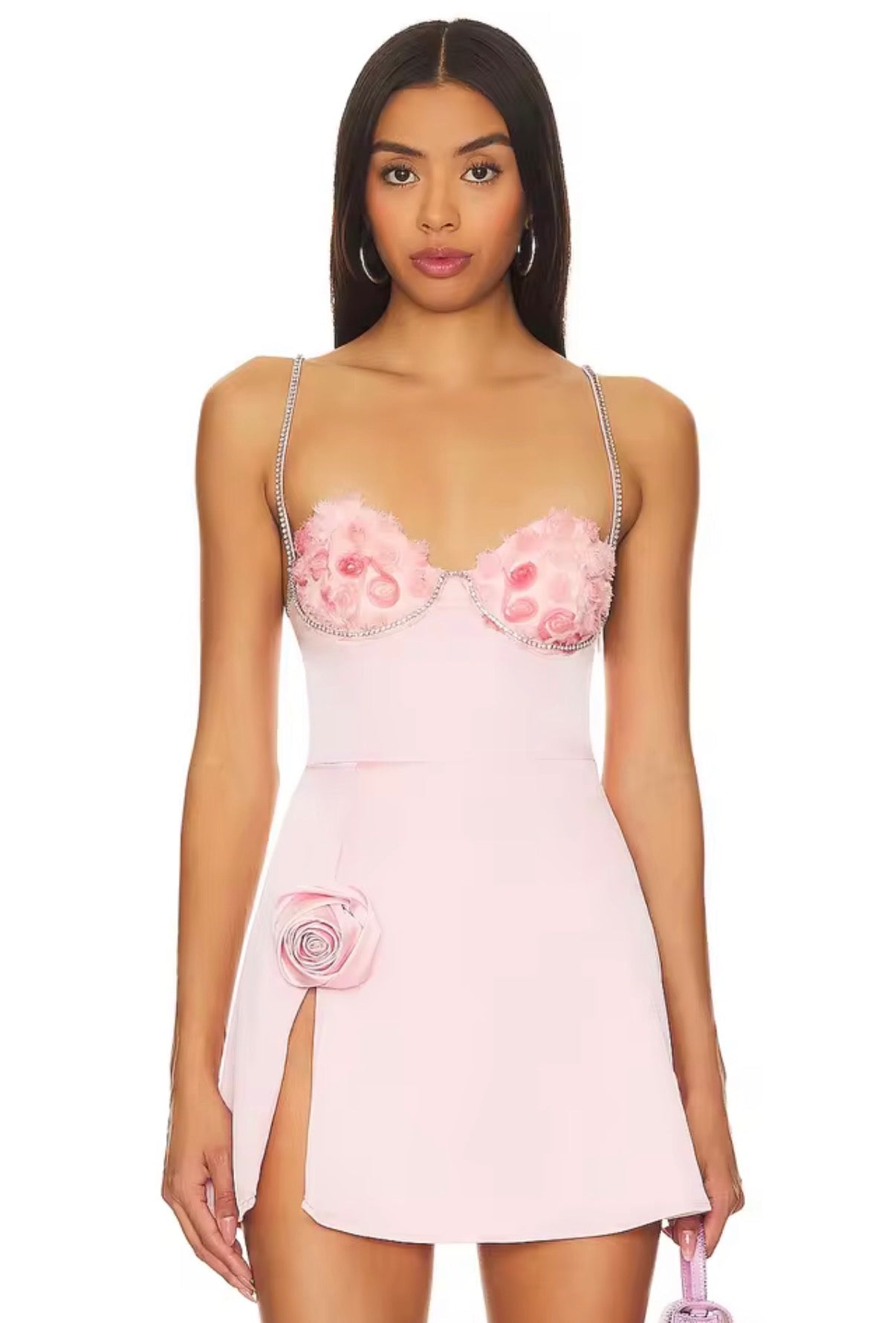 Blush Floral Appliqué Corset Mini Dress with Side Slit & Crystal Straps