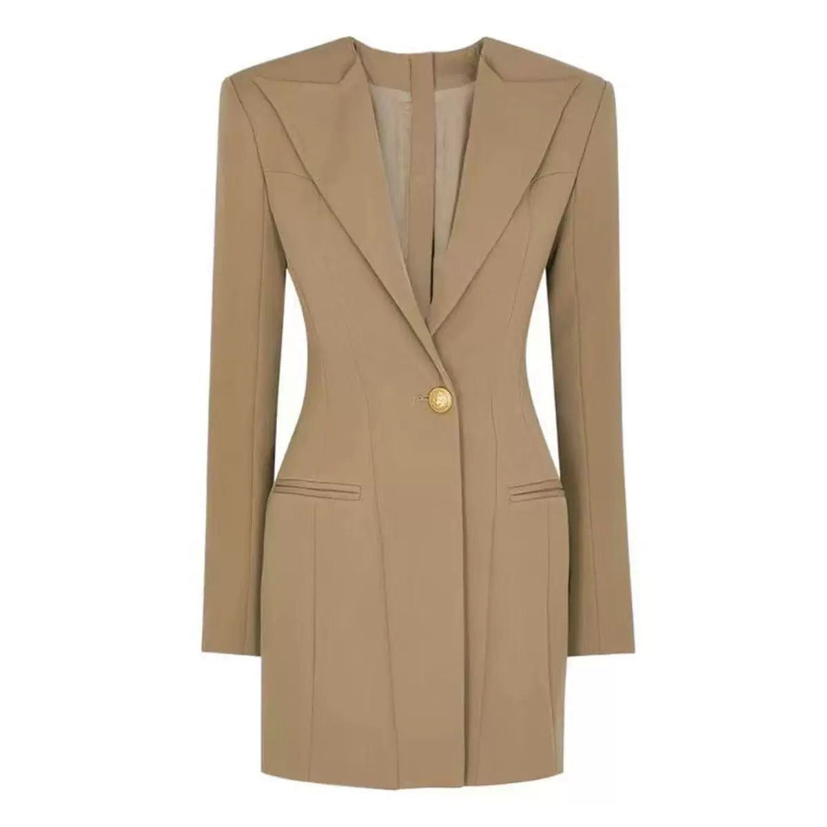 Tailored Blazer Dress with Sharp Shoulders and Single Gold Button