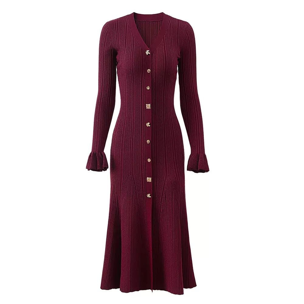 Long-Sleeve Knit Maxi Dress with Gold Buttons
