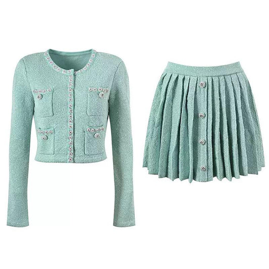 Mint Crystal-Trim Tweed Skirt Set