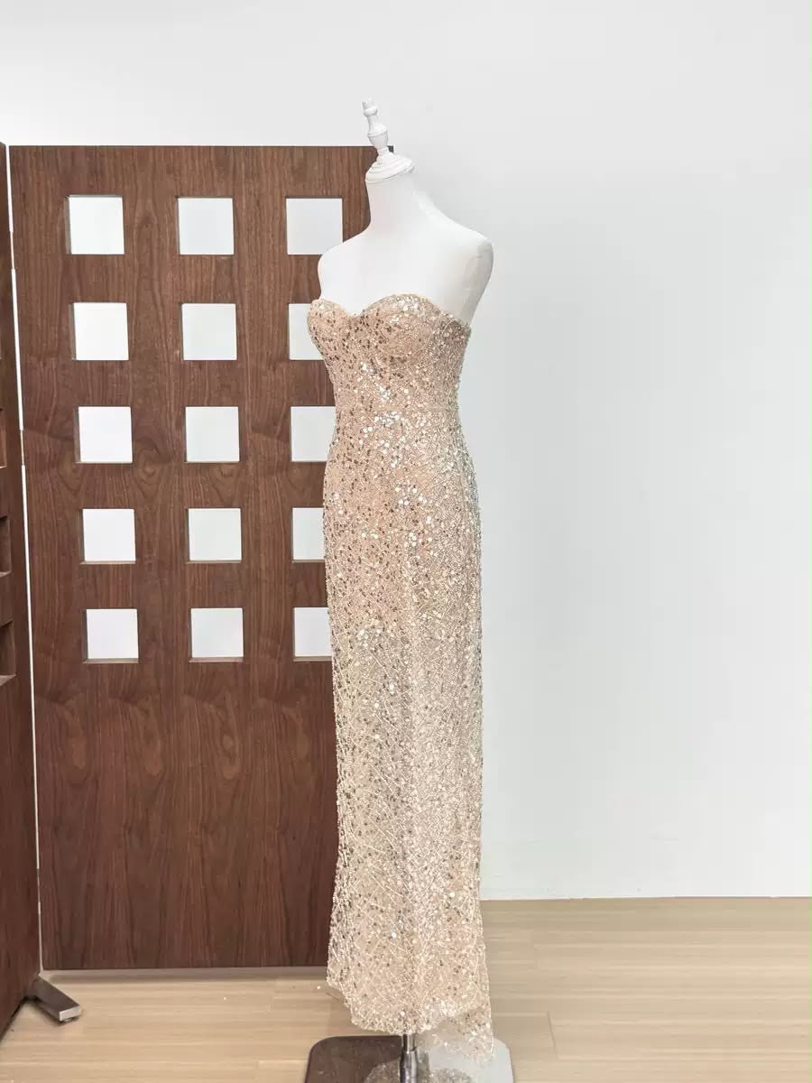 Champagne Sequin Strapless Maxi Dress