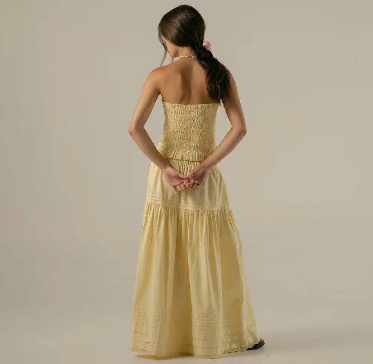Butter Yellow Smocked Strapless Maxi Set
