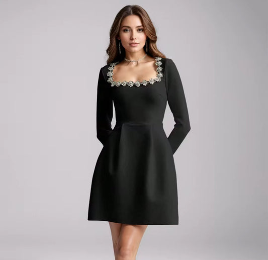 Long Sleeve Mini Dress with Crystal Trim