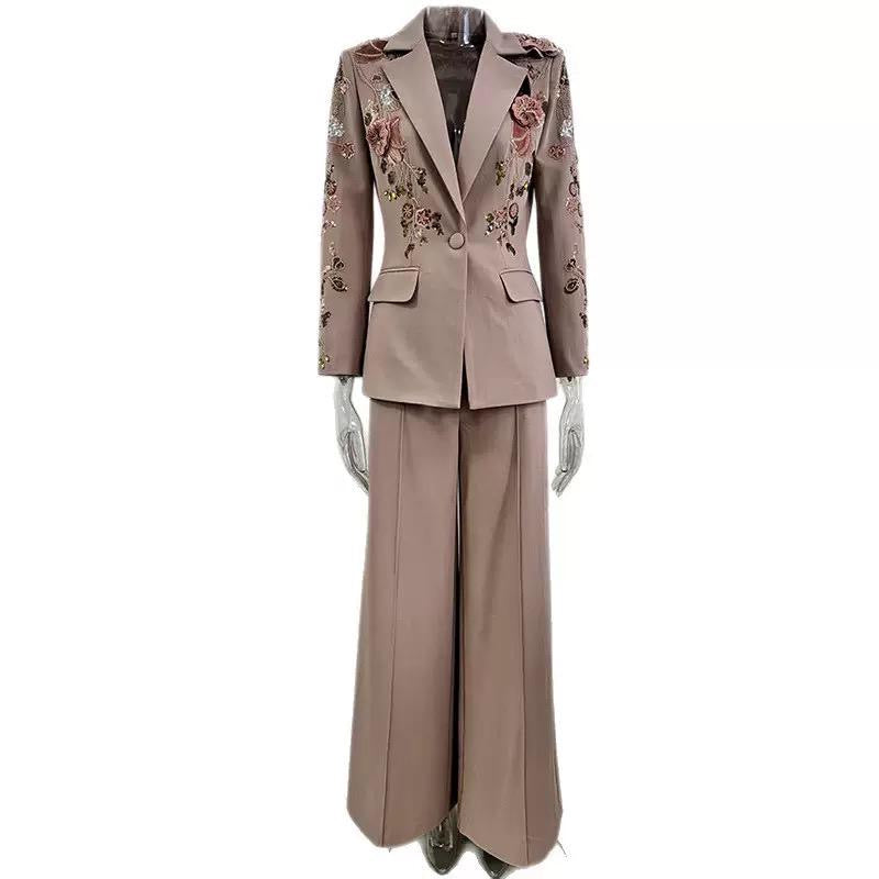 Rosalyn Embroidered Power Suit – Blush Elegance with 3D Floral Detailing