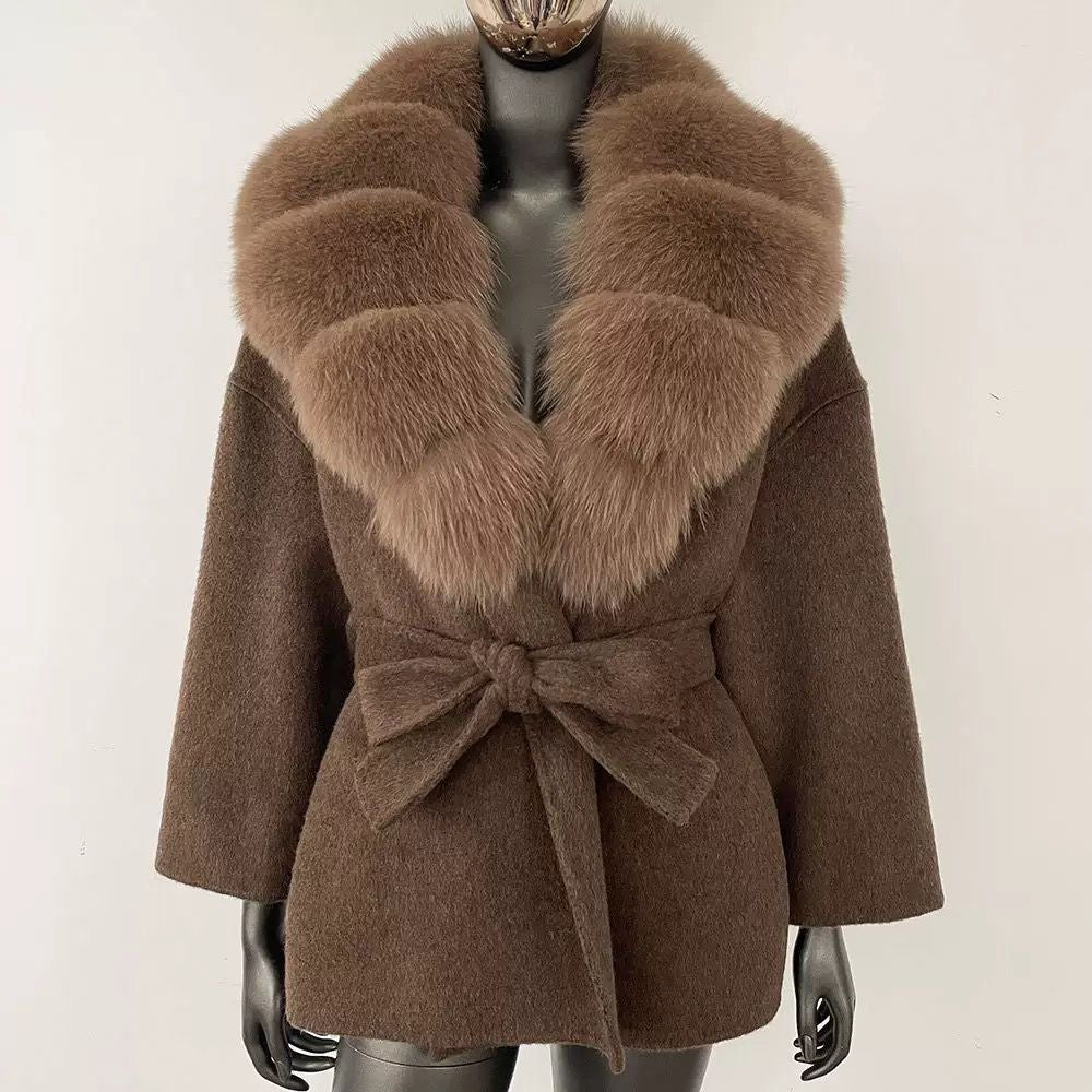 Fur-Collar Belted Wool Coat
