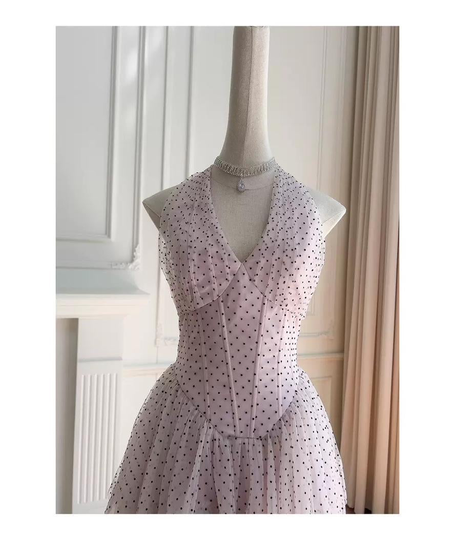 Retro Polka Dot Gown with Ruffled Skirt