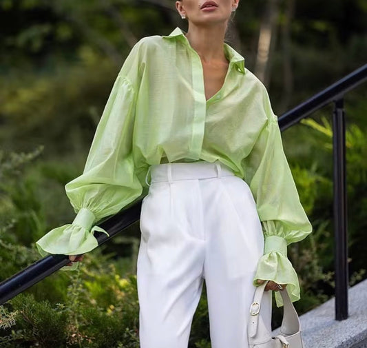 Long Sleeve Sheer Button-Up Blouse