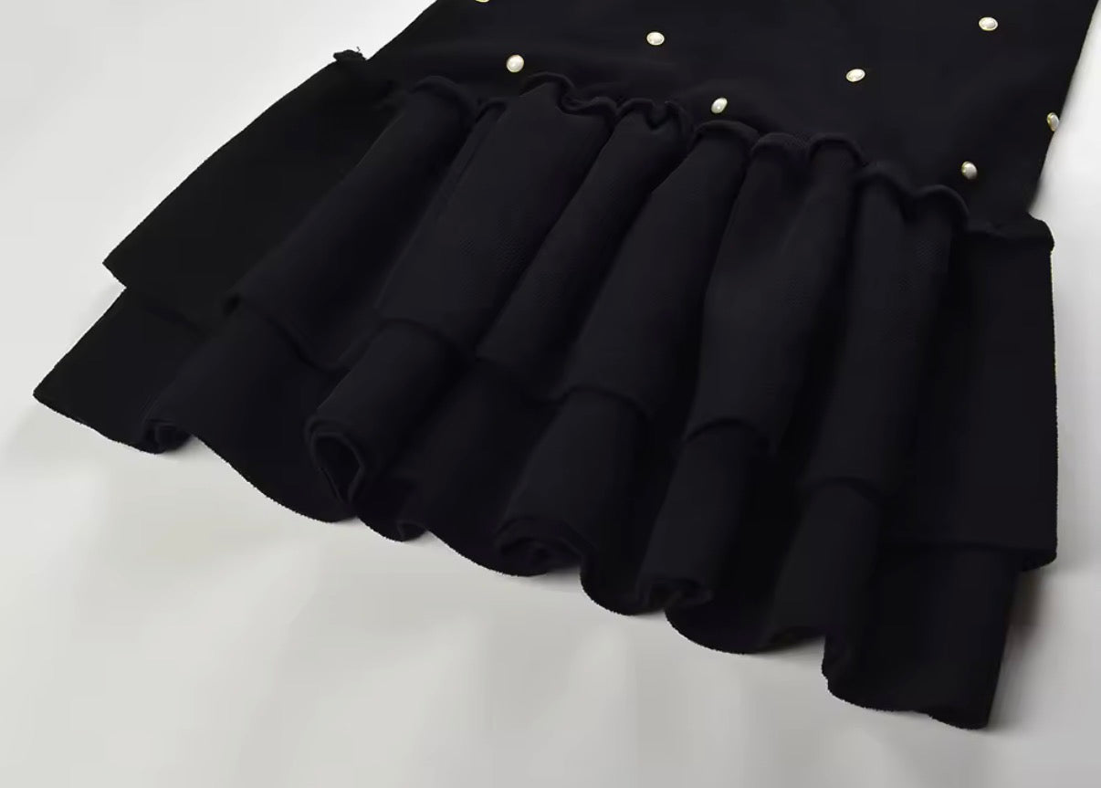 Pearl Studded Tiered Ruffle Mini Dress