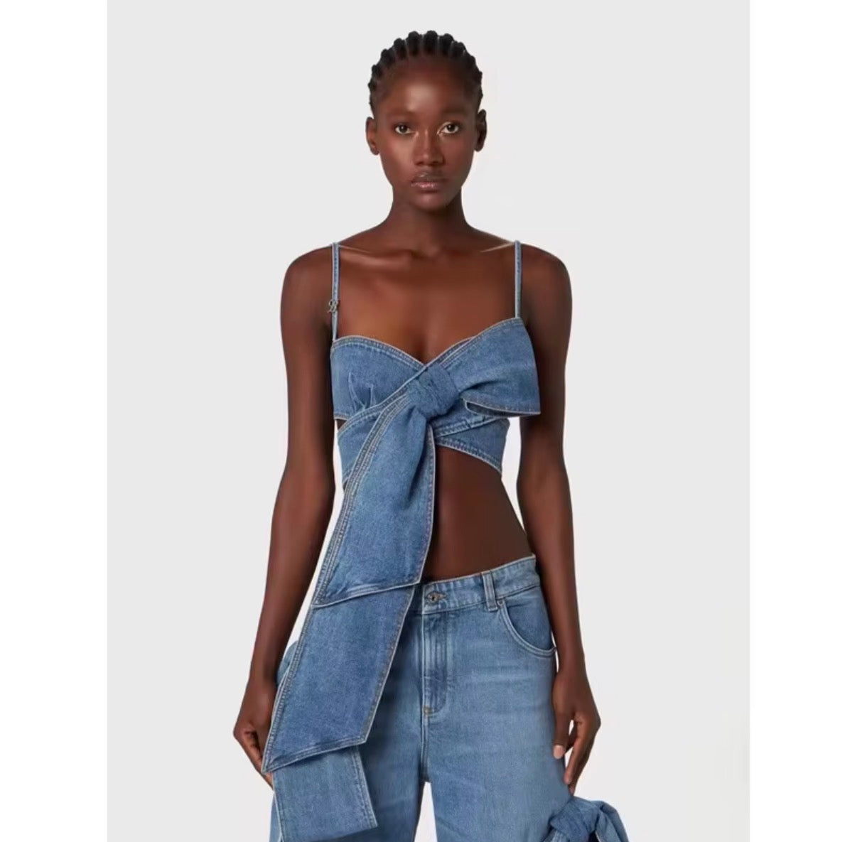 Denim Bow Wrap Crop Top