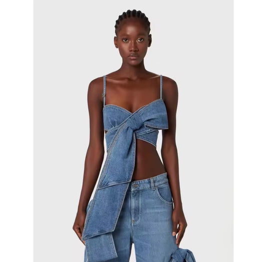 Denim Bow Wrap Crop Top