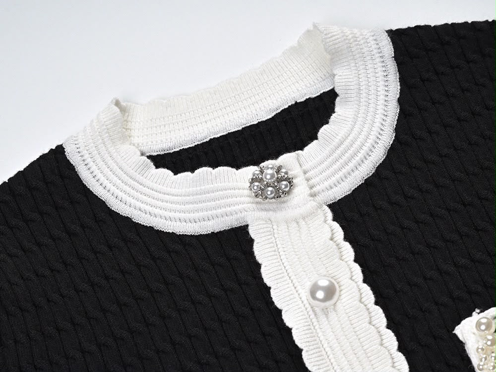 Pearl Embellished Contrast Knit Cardigan