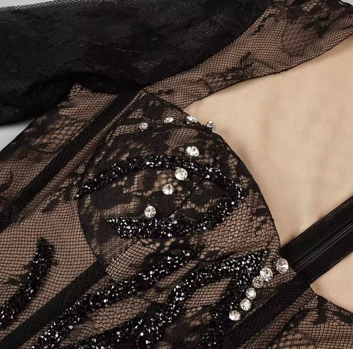 Black Illusion Dress with Beaded Corset and Lace Train