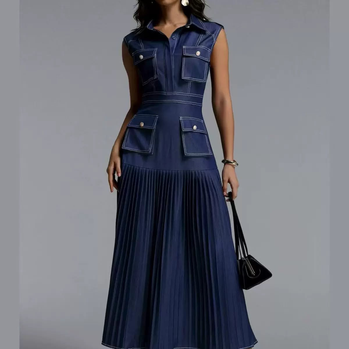 Navy Sleeveless Utility Pleated Maxi Dress