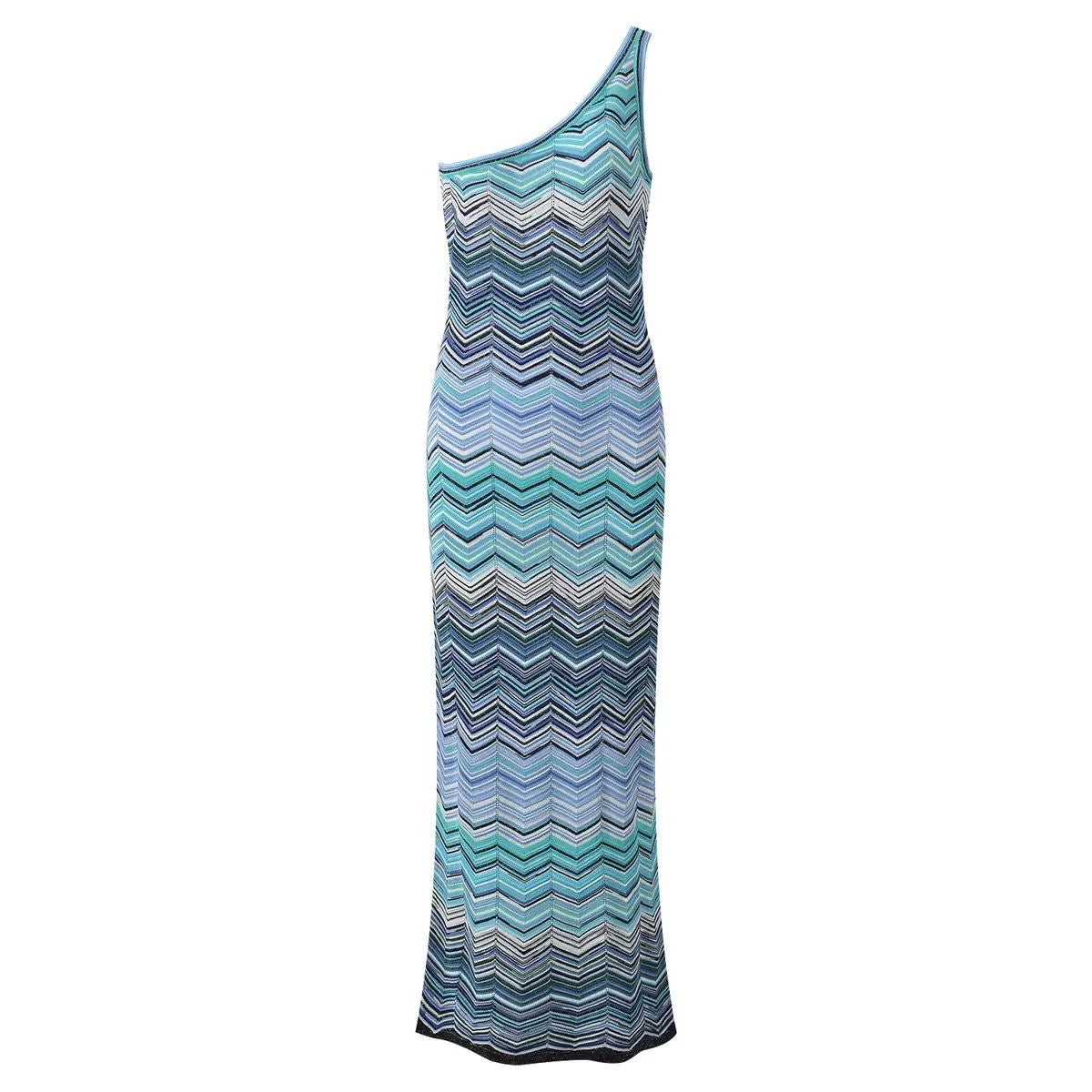 Zigzag One-Shoulder Knit Maxi Dress