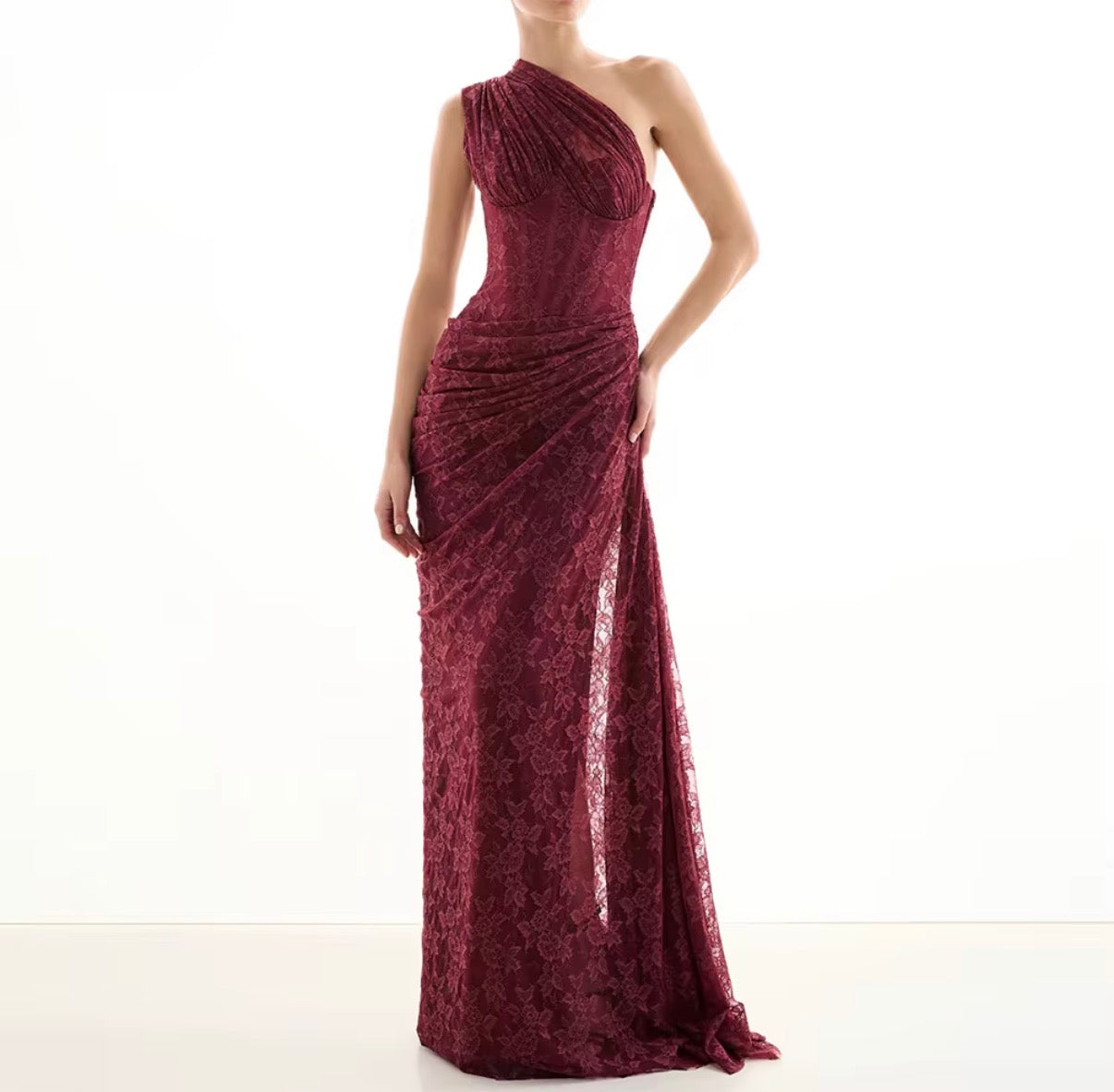 One Shoulder Ruched Lace Maxi Dress
