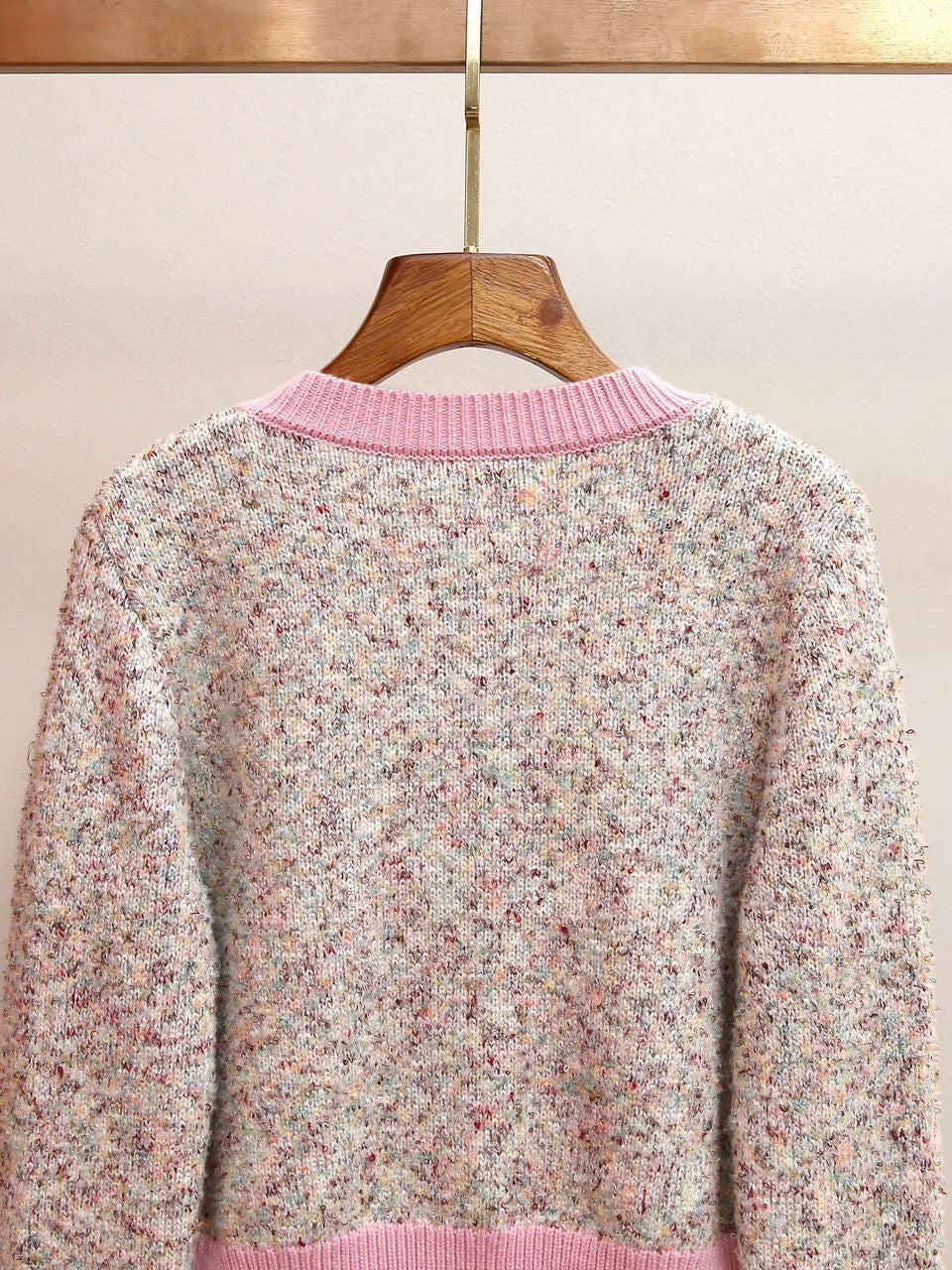 Soft Blush Tweed Knit Cardigan with Pink Trim & Crystal Buttons