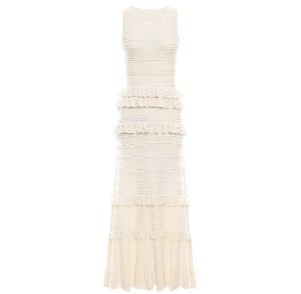 Pastel sleeveless maxi dress with layered ruffle tiers