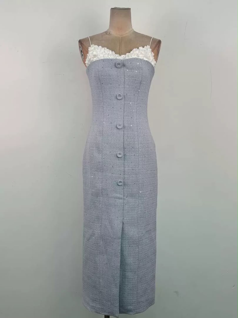 Blue Tweed Floral-Trim Buttoned Maxi Dress