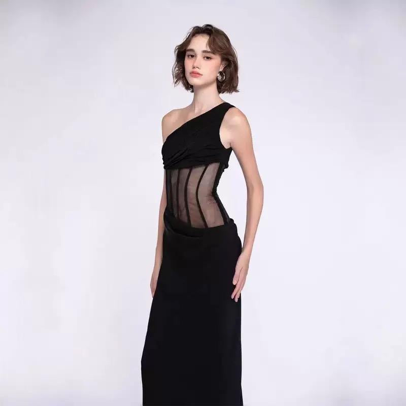 One-Shoulder Sheer Corset Maxi Dress