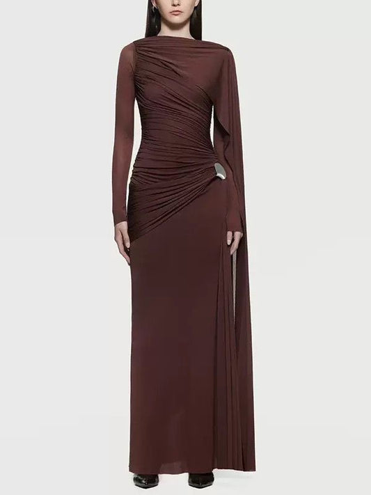 Ethereal Draped Silhouette Maxi Dress with Side Cascade and Gathered Detailing