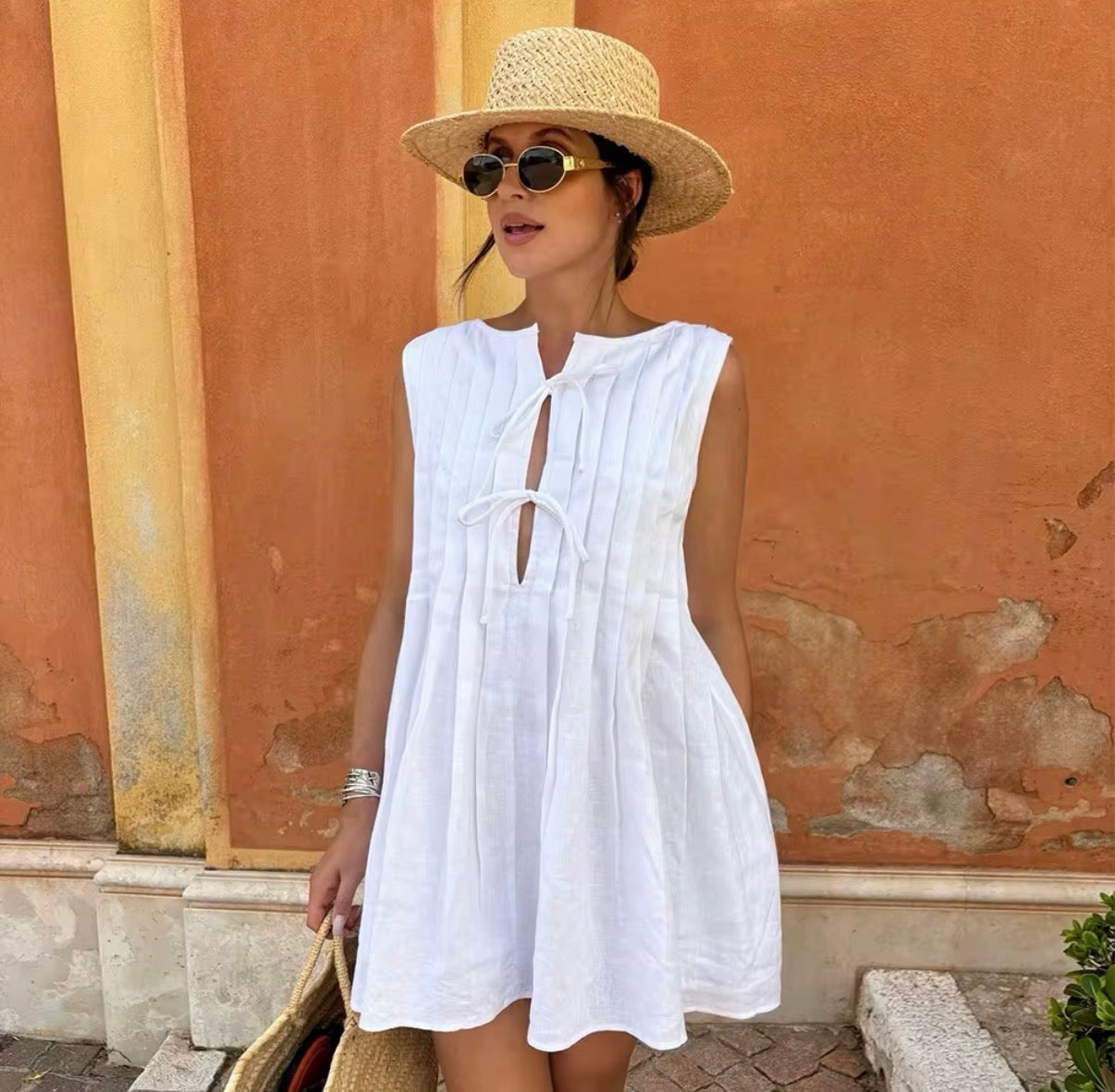 Pleated Tie-Front Mini Dress