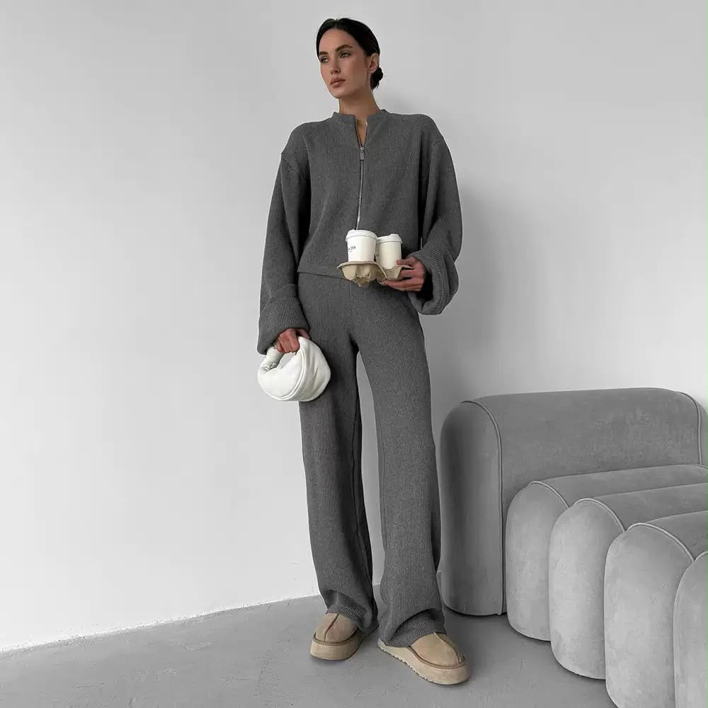 Zip-Up Ribbed Knit Wide-Leg Set.